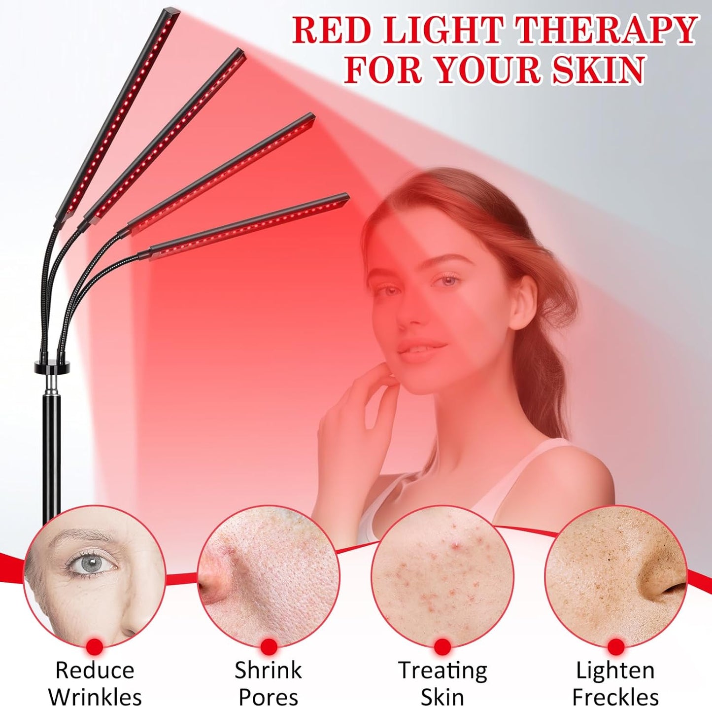 Red Light Therapy Lamp with 4 Heads, 3-In-1 Chip Infrared Light Therapy Device, Adjustable Stand, 660Nm Red Light and 850Nm near Infrared Light for Face, Body, Pain,Skin, Home Use