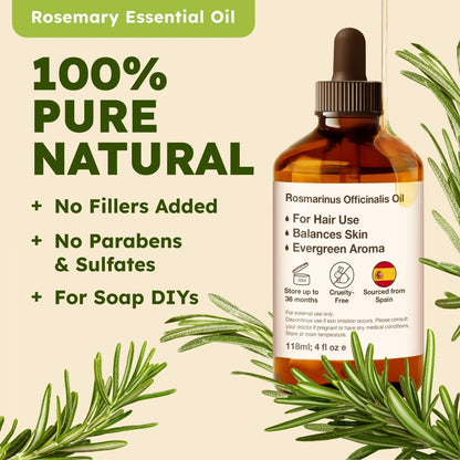 Kukka Rosemary Oil for Hair - 100% Natural Rosemary Hair Oil - Rosemary Essential Oils for Skin, Diffuser & Aromatherapy - Soap Making & DIY (4 Fl Oz).