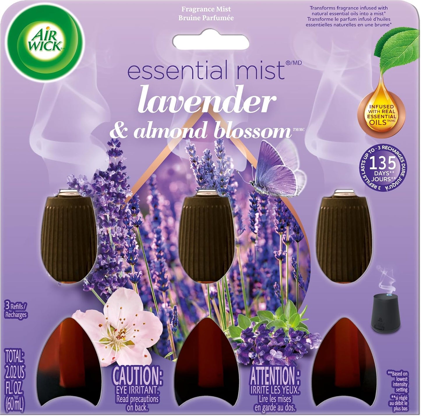 Essential Mist Refill, 3 Ct, Lavender and Almond Blossom, Essential Oils Diffuser, Air Freshener