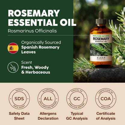 Kukka Rosemary Oil for Hair - 100% Natural Rosemary Hair Oil - Rosemary Essential Oils for Skin, Diffuser & Aromatherapy - Soap Making & DIY (4 Fl Oz).