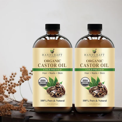 Cold-Pressed Organic Castor Oil in Glass Bottle - 16 Fl Oz - 100% Pure and Natural - Premium Grade Oil for Hair Growth, Eyelashes and Eyebrows - Carrier Oil - Hair and Body Oil