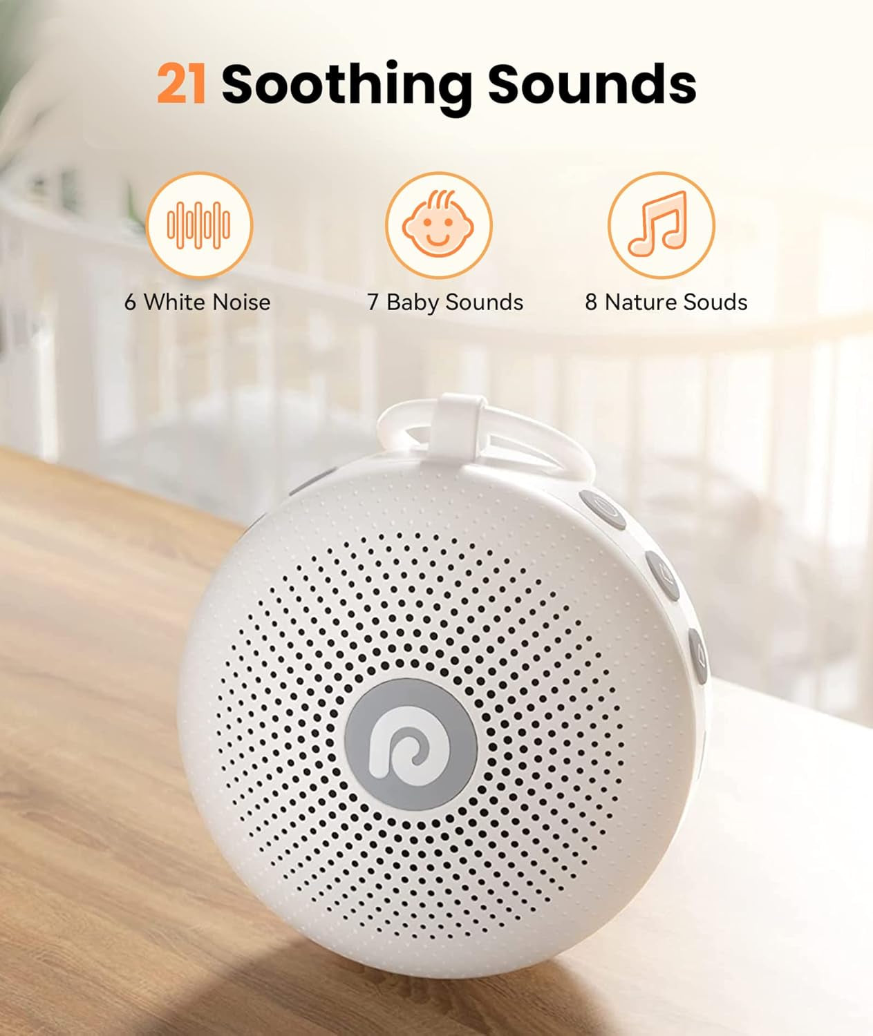 White Noise Machine - Portable Sound Machine for Baby Adult, Features Powerful Battery, 21 Soothing Sound, Noise Canceling for Office & Sleeping, Sound Therapy for Home, Travel, Registry Gift