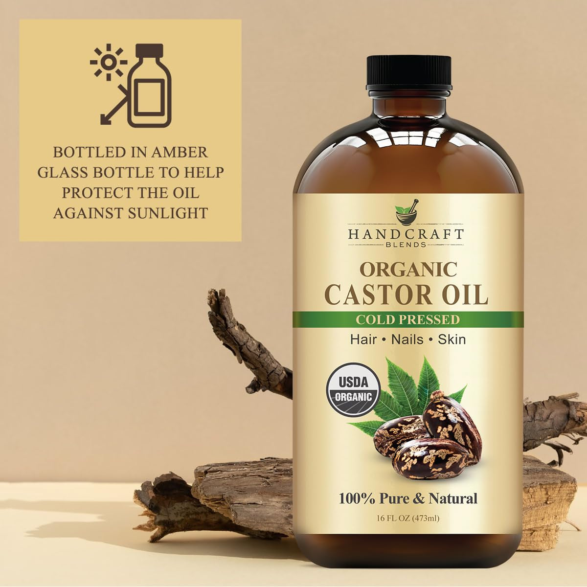 Cold-Pressed Organic Castor Oil in Glass Bottle - 16 Fl Oz - 100% Pure and Natural - Premium Grade Oil for Hair Growth, Eyelashes and Eyebrows - Carrier Oil - Hair and Body Oil