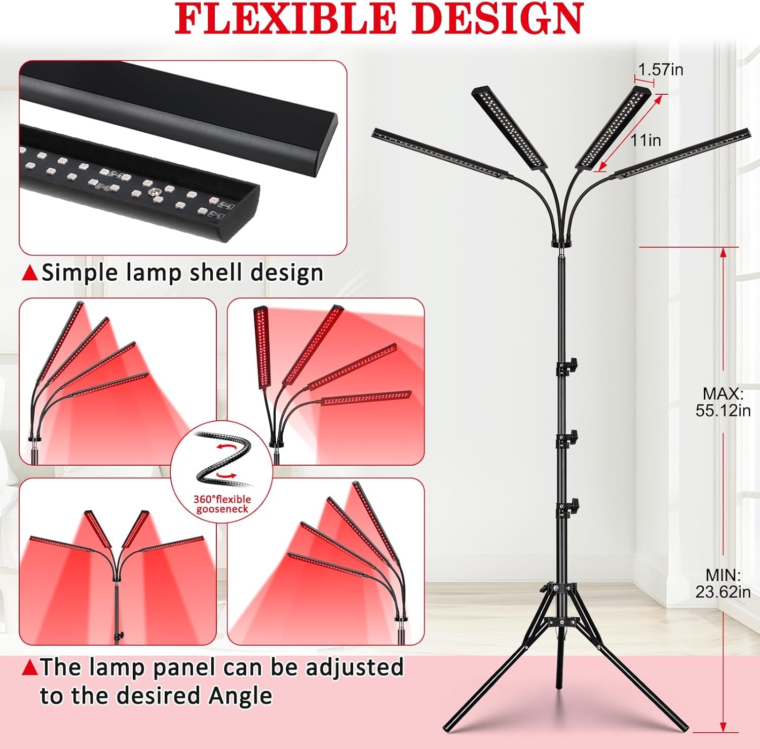 Red Light Therapy Lamp with 4 Heads, 3-In-1 Chip Infrared Light Therapy Device, Adjustable Stand, 660Nm Red Light and 850Nm near Infrared Light for Face, Body, Pain,Skin, Home Use