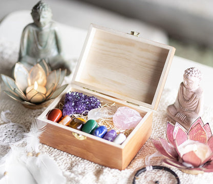 Large Premium Crystals and Healing Stones in Wooden Gift Box + 50Pg EBOOK – 7 Chakra Tumbled Gemstones, Amethyst Crystal, Rose Quartz, Quartz Crystal Point, and Info Guide, Made in U.S.A.