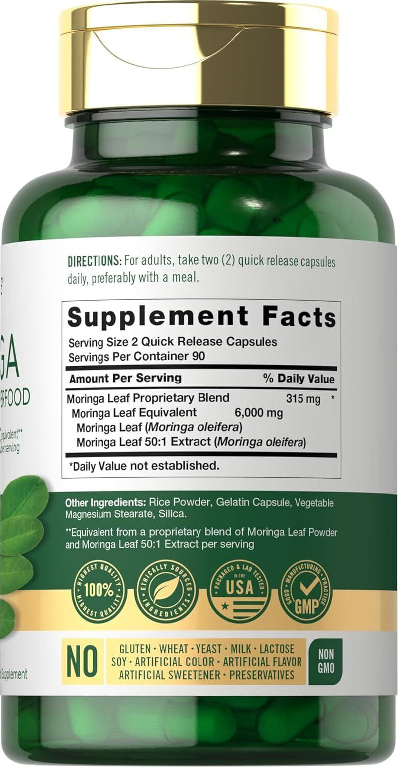 Moringa Oleifera Capsules 6000 Mg | 180 Count | Green Superfood | by Carlyle