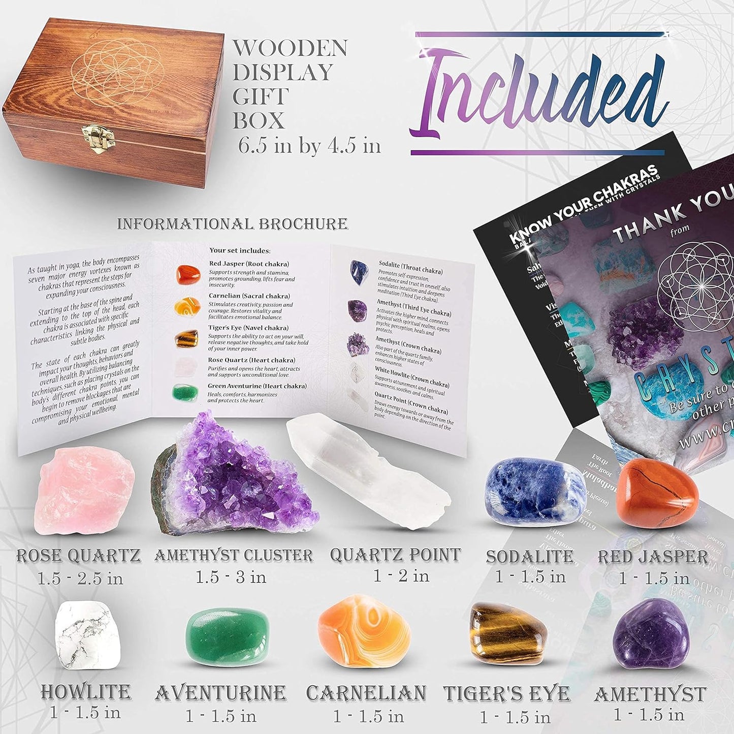 Large Premium Crystals and Healing Stones in Wooden Gift Box + 50Pg EBOOK – 7 Chakra Tumbled Gemstones, Amethyst Crystal, Rose Quartz, Quartz Crystal Point, and Info Guide, Made in U.S.A.