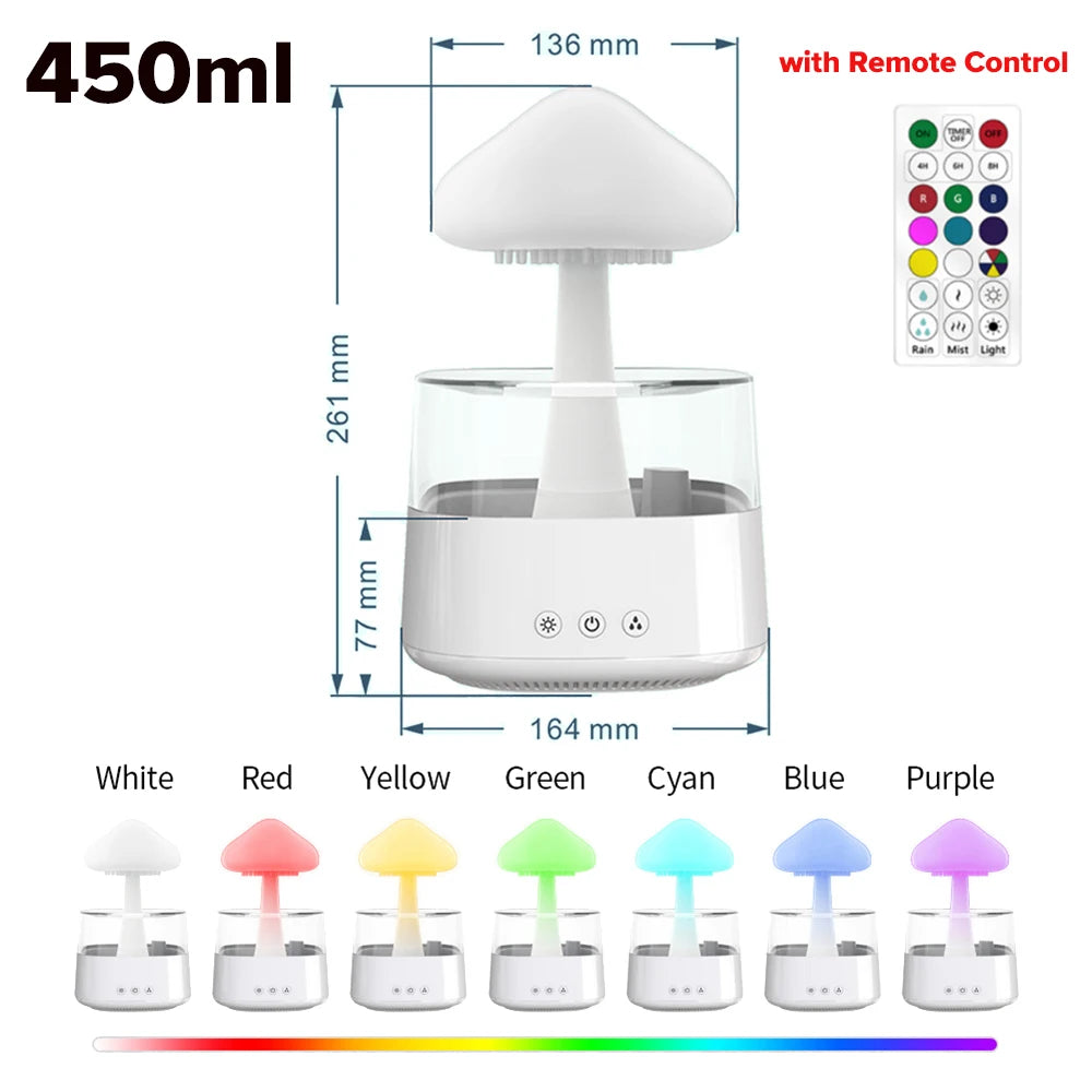 Mushroom Cloud Rain Humidifier Relaxing Raindrop Aromatherapy Machine Ultrasonic Atomization Humidification Colorful Night Light