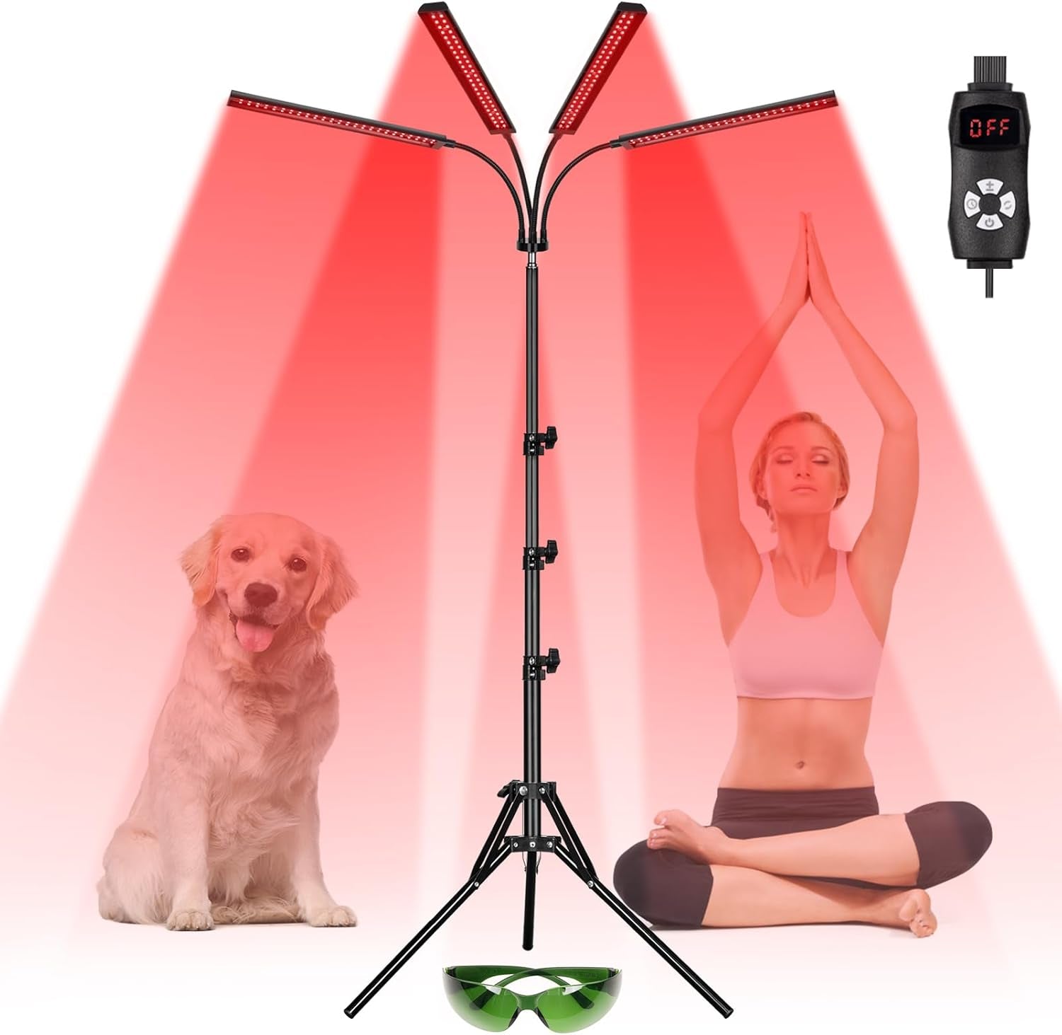 Red Light Therapy Lamp with 4 Heads, 3-In-1 Chip Infrared Light Therapy Device, Adjustable Stand, 660Nm Red Light and 850Nm near Infrared Light for Face, Body, Pain,Skin, Home Use