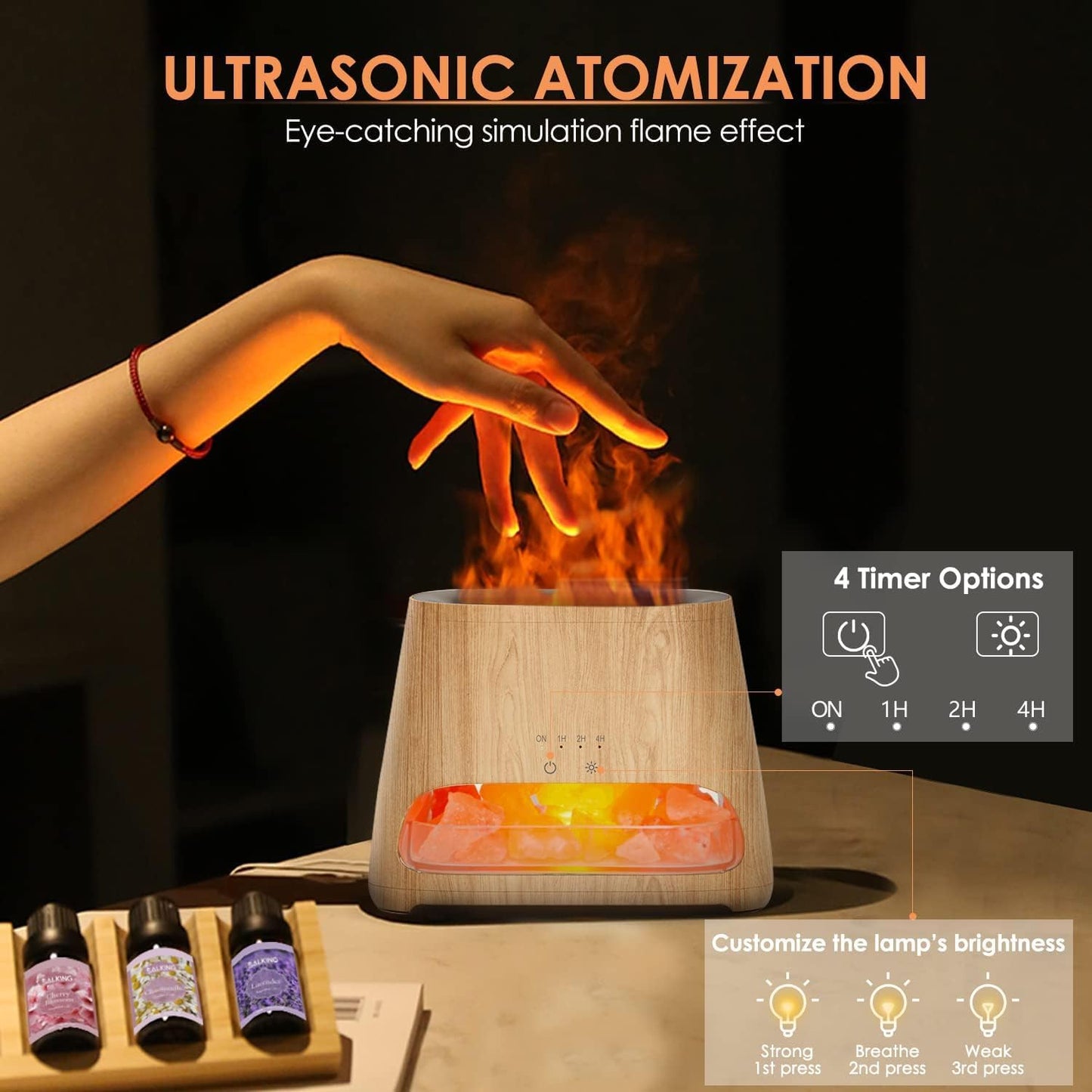 2-In-1 Ultrasonic Essential Oil Diffuser & Himalayan Salt Lamp, Aromatherapy Diffuser Cool Mist Humidifier with Auto off Function, 100% Pure Himalayan Pink Salt Rock, 150Ml (Wooden Grain)