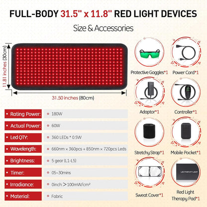 Red Light Therapy Mat, 360PCS Large Red Light Therapy Pad for Body with 660Nm 850Nm near Infrared Light Redlight Therapy Devices Mats Belt for Back Waist Shoulder Discomfort with Timer Pulse